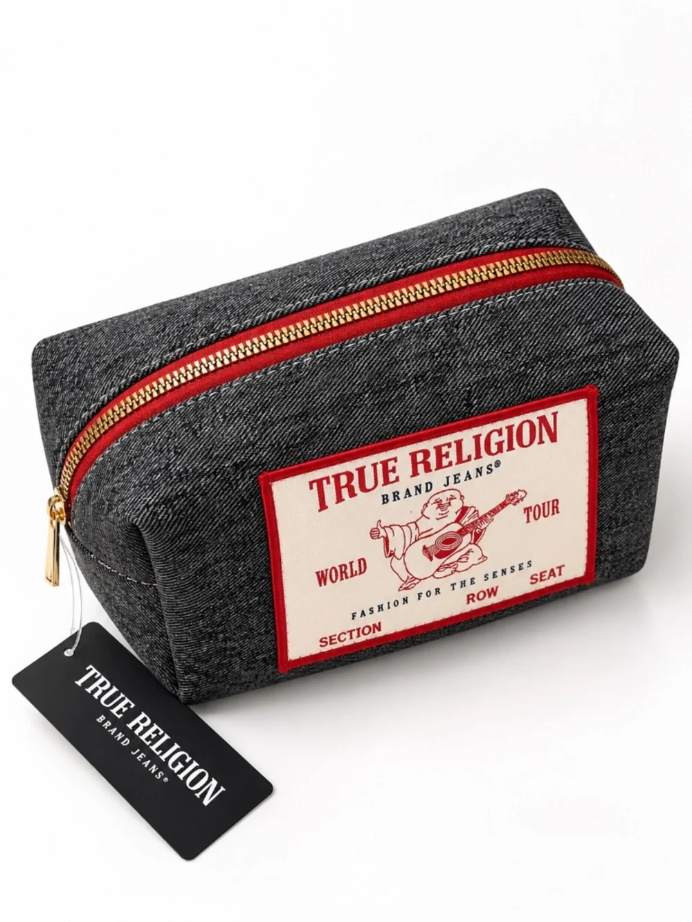 NWT True Religion Loaf Cosmetics Toiletry Travel Bag Gray Denim Buddha Patch